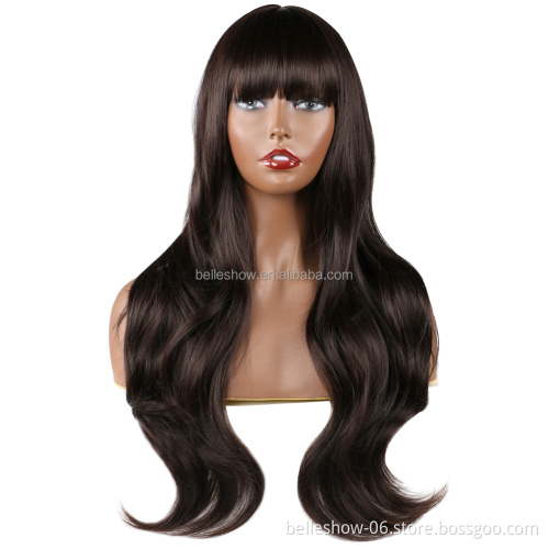 Hot sell Synthetic  Brown Wigs For Black Women Long Wavy Hair Wig With Neat Bangs Heat Resistant Fiber